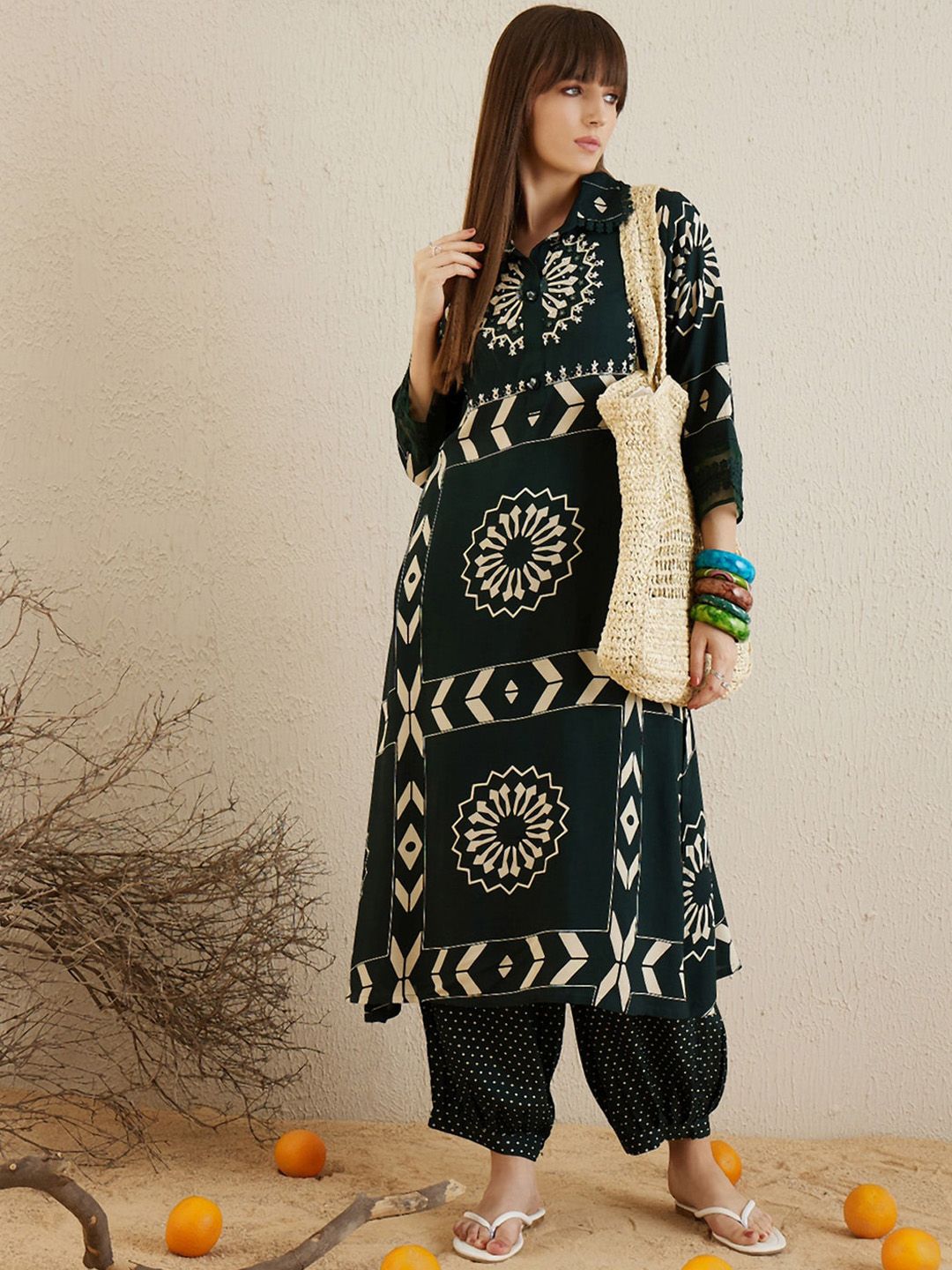 Floral Printed Sequinned Shirt Collar A-Line Kurta with Salwar