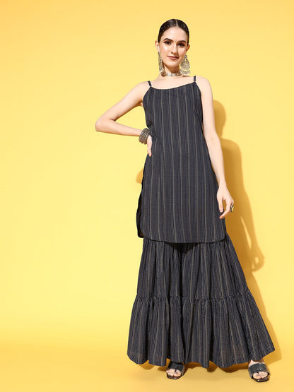Dhiyona IE Women Navy Blue Printed Pure Cotton Kurta with Sharara
