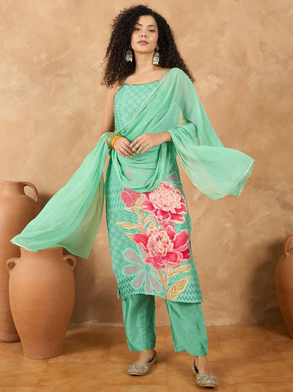 Dhiyona VA Women's Spaghetti Strap Floral Kurta with Trousers and Dupatta