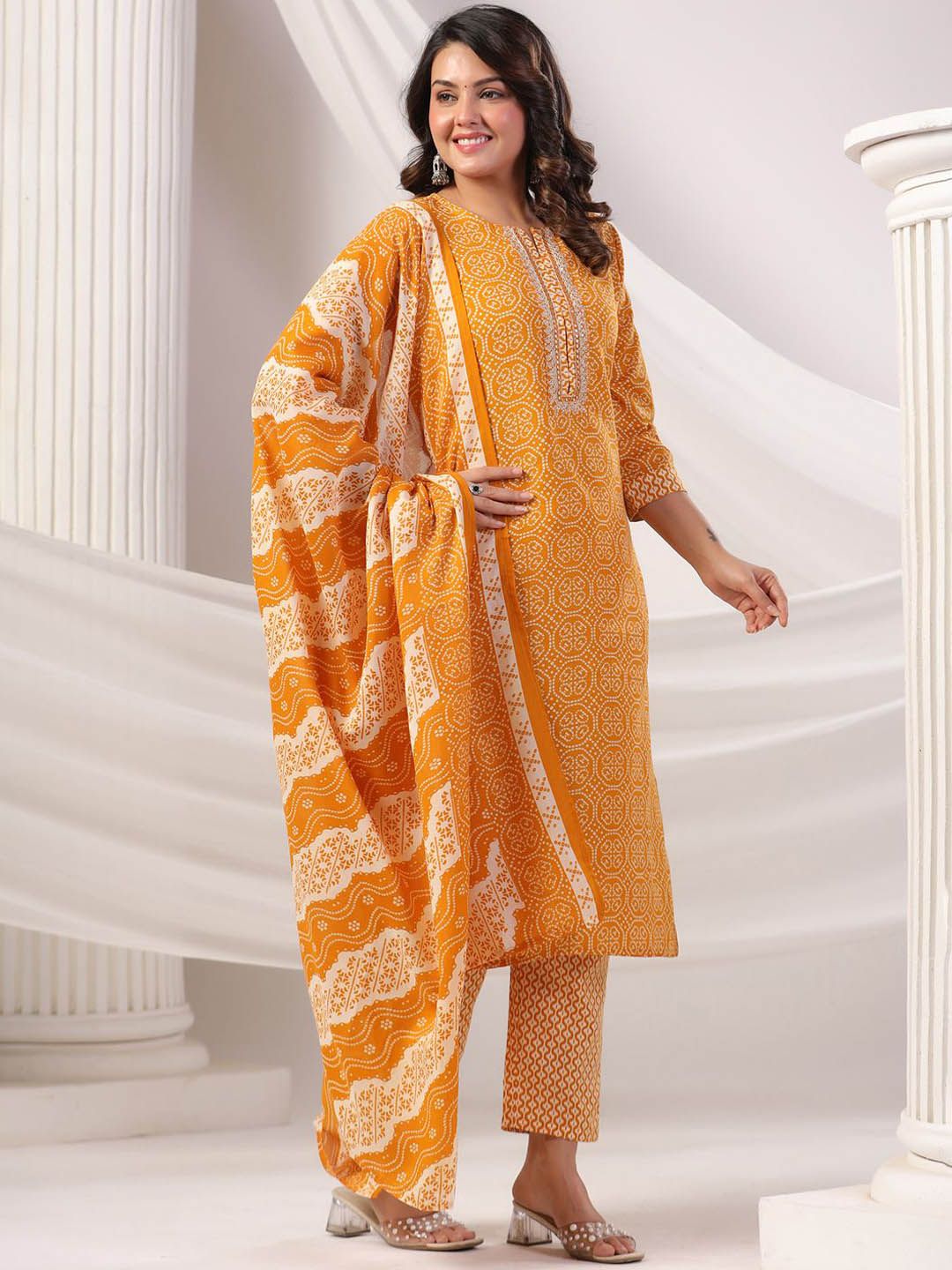 Women Bandhani Printed Regular Mirror Work Kurta Trousers With Dupatta