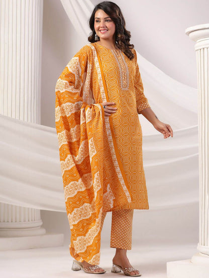 Women Bandhani Printed Regular Mirror Work Kurta Trousers With Dupatta