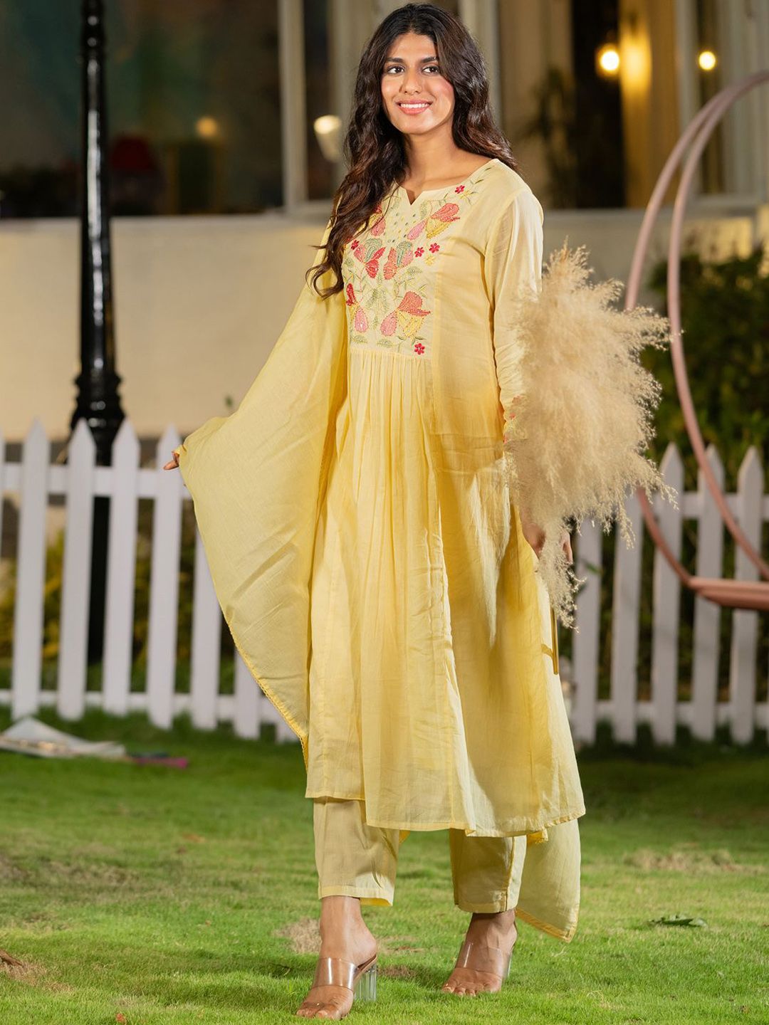 Floral Yoke Design Thread Work Pure Cotton A-Line Kurta With Trousers & Dupatta