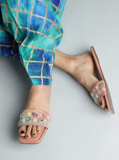 Dhiyona AK Peach-Coloured Embellished Open Toe Flats