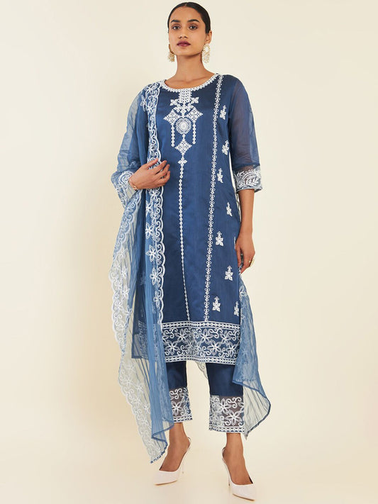 Dhiyona SO Women's Floral Embroidered Thread Work Chanderi Silk Kurta With Trousers & Dupatta