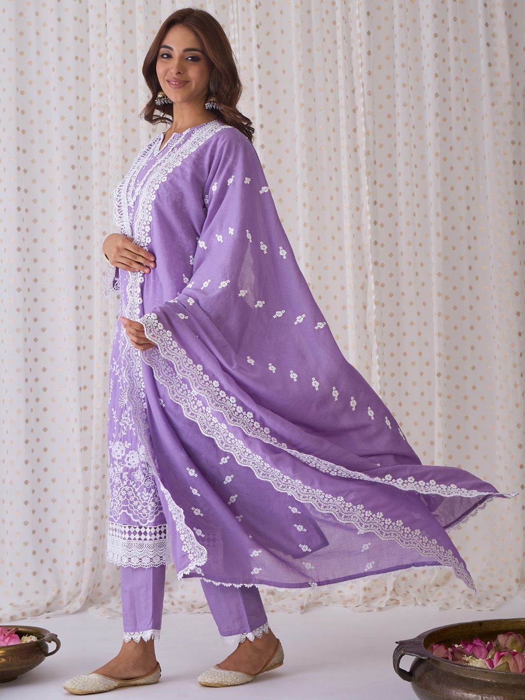 Floral Embroidered Pure Cotton Straight Kurta With Trousers & Dupatta