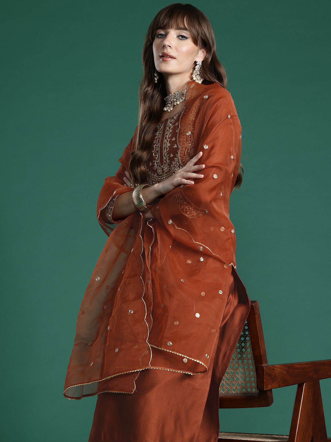Floral Embroidered Liva Kurta with Trousers & With Dupatta