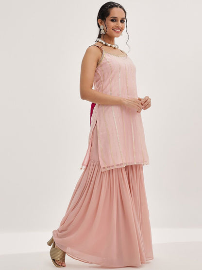 Dhiyona VA Women'sPeach Striped Shoulder Straps Embroidered Empire Kurta with Sharara & With Dupatta