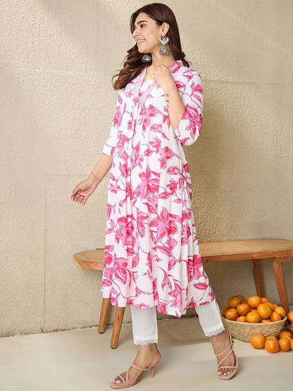 Dhiyona IE Floral Printed V Neck Panelled A-Line Kurta