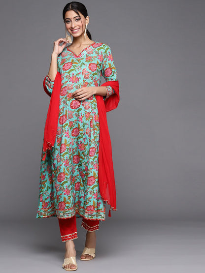 Dhiyona VA Women's Blue & Pink Kalamkari Printed Anarkali Kurta with Trousers & Dupatta