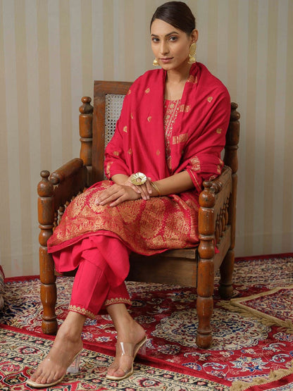 Dhiyona OD  Pink Ethnic Motifs Straight Kurta & Trousers With Dupatta