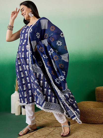 Dhiyona SN Women's Blue Ethnic Motifs Round Neck Gotta Patti Anarkali Kurta With Trousers & Dupatta