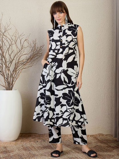 Dhiyona IE Printed Pure Cotton V-Neck Top With Trousers Co-Ords