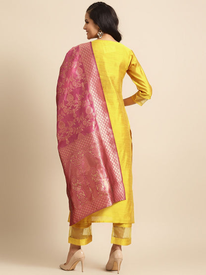 Dhiyona VA Women's Mustard Yellow & Pink Embroidered Kurta with Trousers & Dupatta