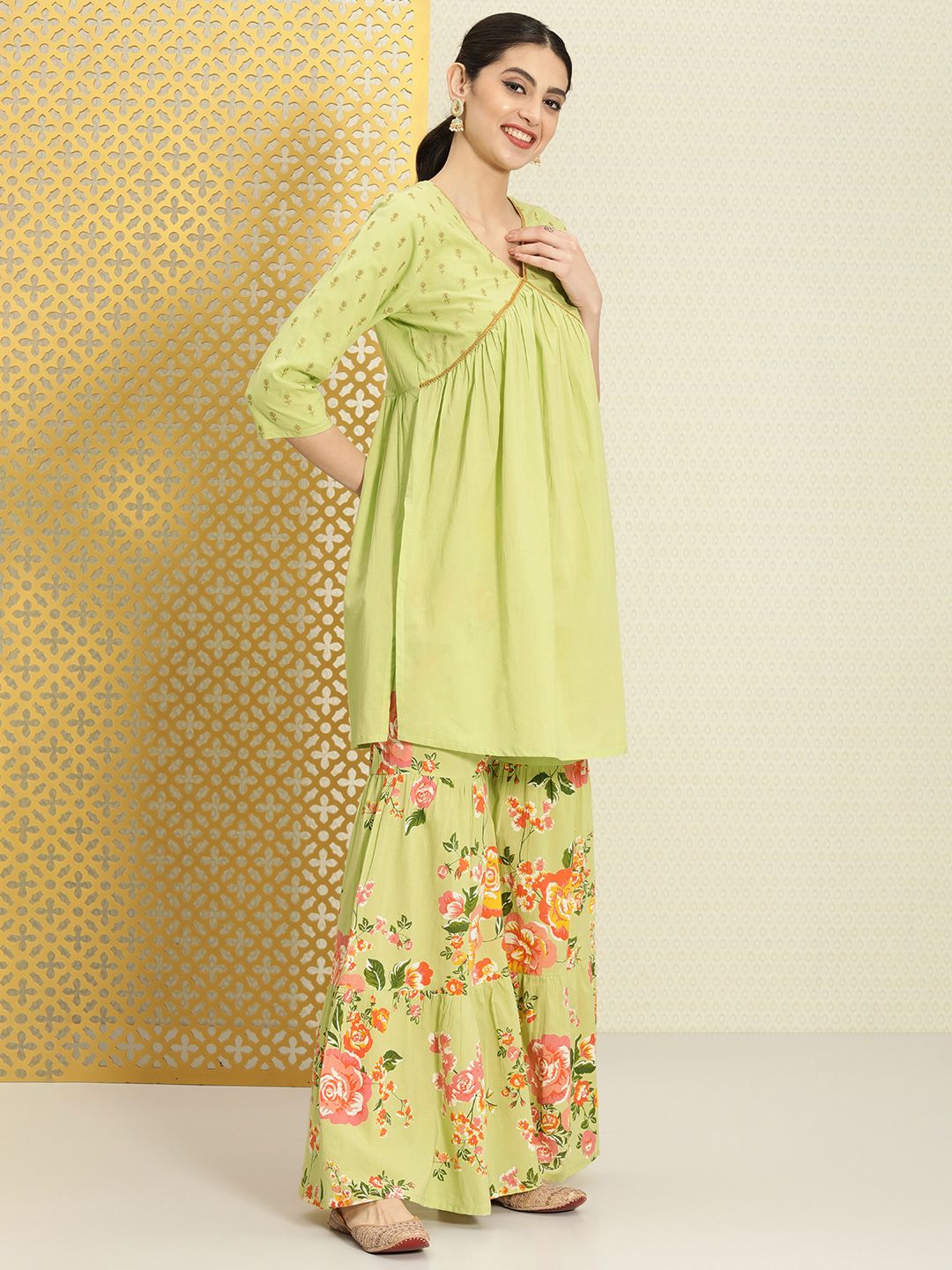 Dhiyona PD Women Women Pure Cotton Floral Empire Jashn Kurta with Sharara & Dupatta