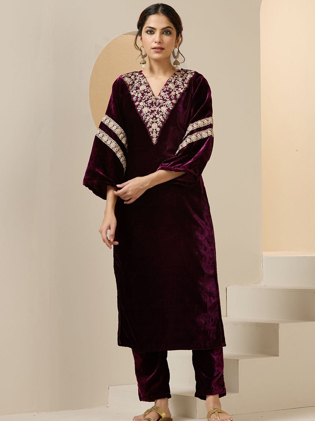 Dhiyona IS Women's Women Ethnic Motifs Embroidered Regular Beads and Stones Velvet Kurta with Trousers & With Dupatta