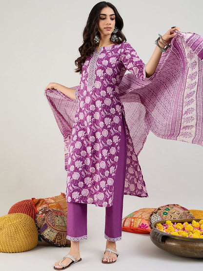 Dhiyona IE Floral Printed Gotta Patti Pure Cotton Straight Kurta with Trouser & Dupatta