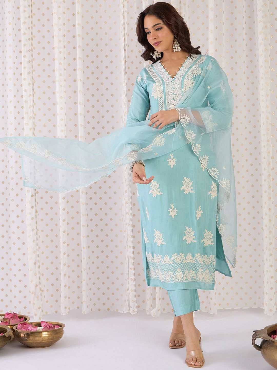 Floral Embroidered V-Neck Sequinned Straight Kurta With Trousers & Dupatta