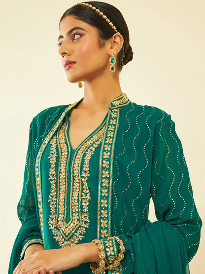 Dhiyona SO Women's Floral Yoke Design Beads and Stones Kurta & Churidar & Dupatta With Shrug