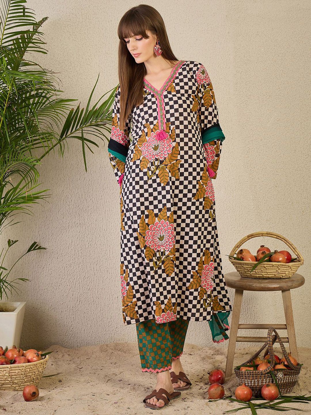 Adults-Women Checked Cotton Kurta with Trousers & Dupatta