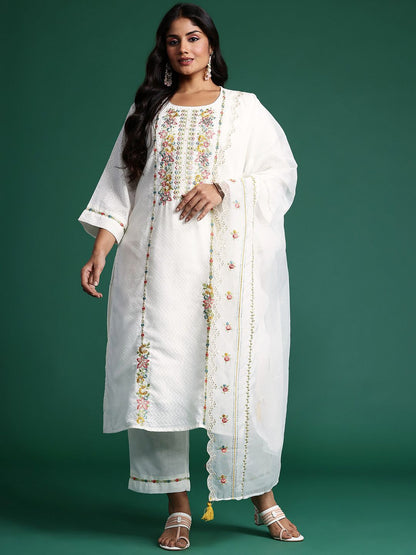 Plus Size Floral Embroidered Panelled Mirror Work Pure Cotton Kurta Set