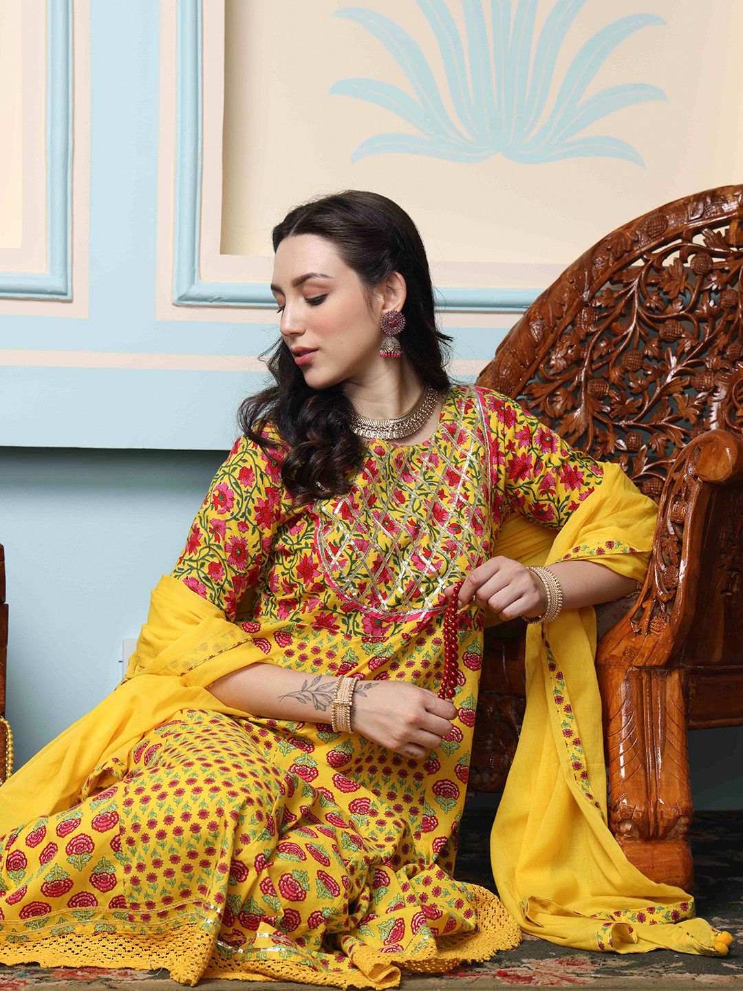 Dhiyona IS Women's Mustard Yellow Floral Printed Pure Cotton Anarkali Kurta With Trousers & Dupatta