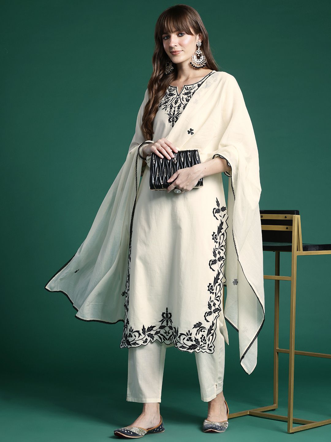 Dhiyona IE Ethnic Motifs Embroidered Regular Pure Cotton Kurta with Trousers & Dupatta