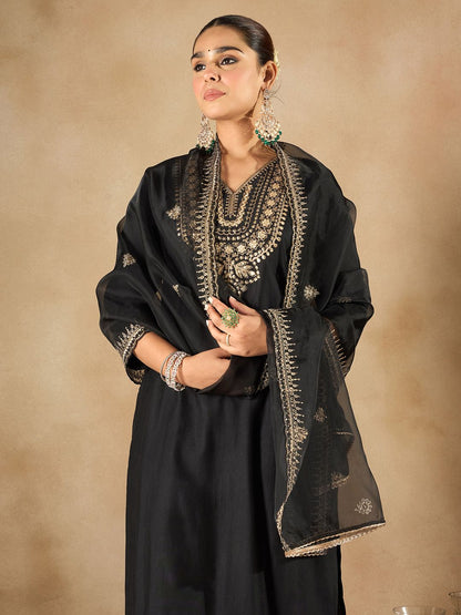 Dhiyona IE Women Ethnic Motifs Embroidered Regular Liva Kurta with Trousers & With Dupatta