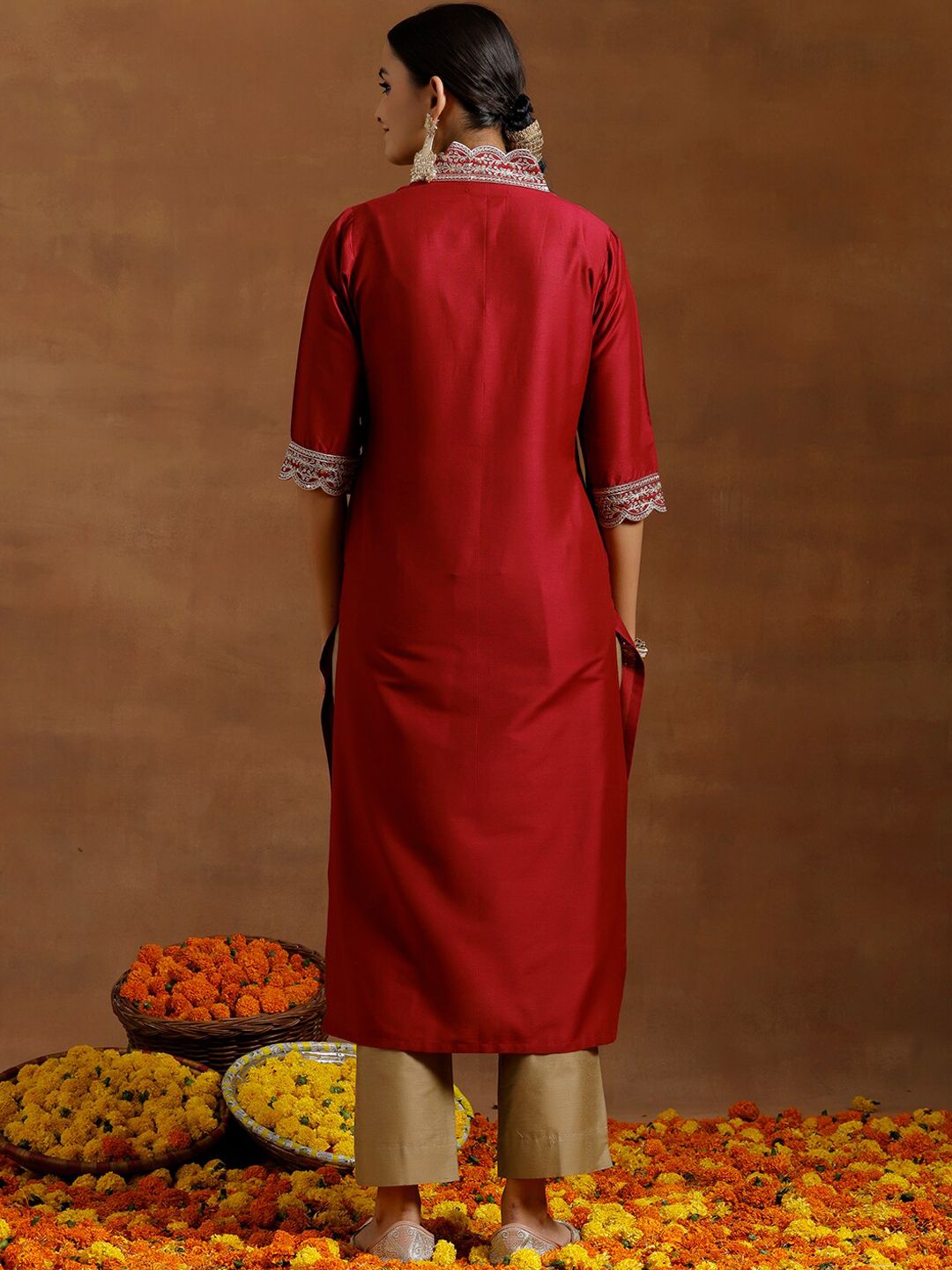 Dhiyona LB Women's Floral Yoke Design V-Neck Silk Thread Work A-Line Kurta