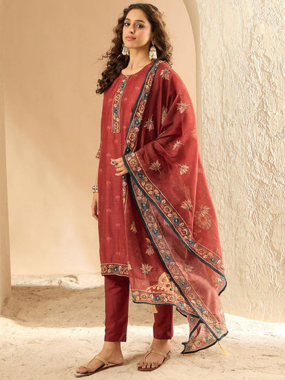 Dhiyona IE Women Embroidered Regular Thread Work Chanderi Silk Kurta Trousers Dupatta