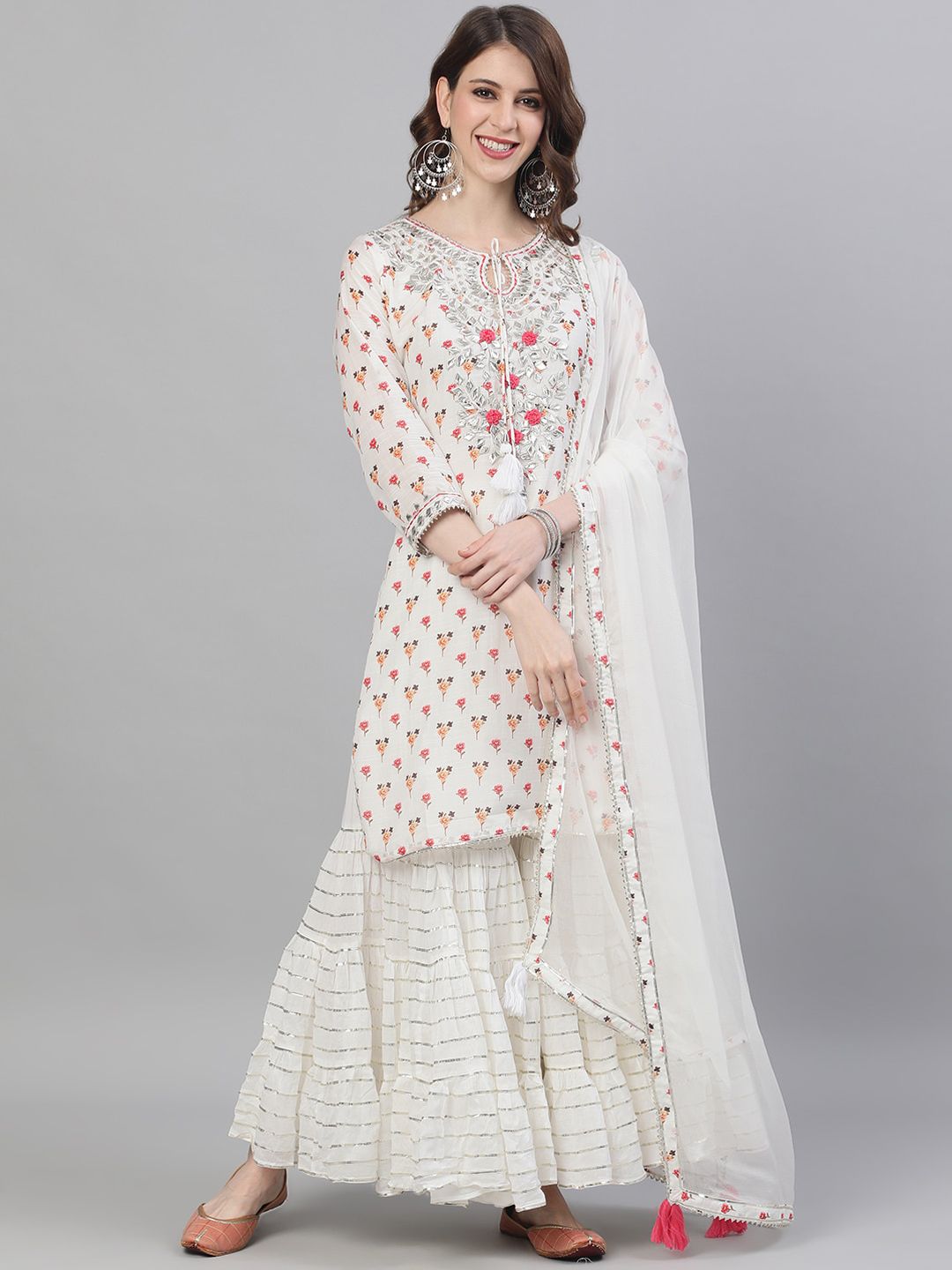 Dhiyona IS Women's Women White Printed Kurta with Sharara & Dupatta