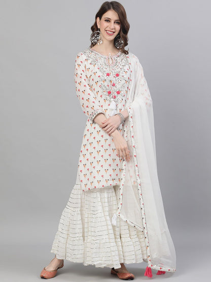 Dhiyona IS Women's Women White Printed Kurta with Sharara & Dupatta