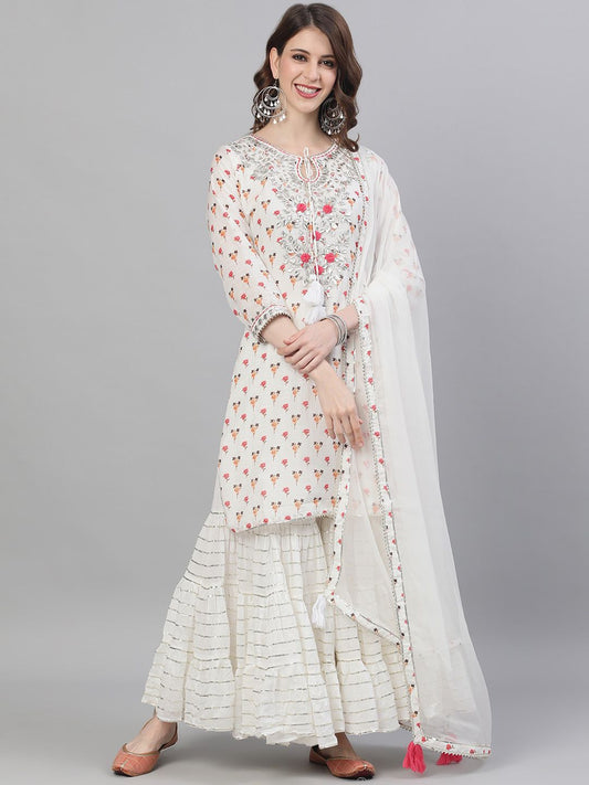 Dhiyona IS Women's Women White Printed Kurta with Sharara & Dupatta