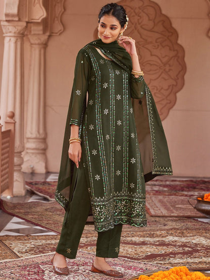 Dhiyona WP Ethnic Motifs Embroidered Regular Sequinned Kurta with Trousers & Dupatta