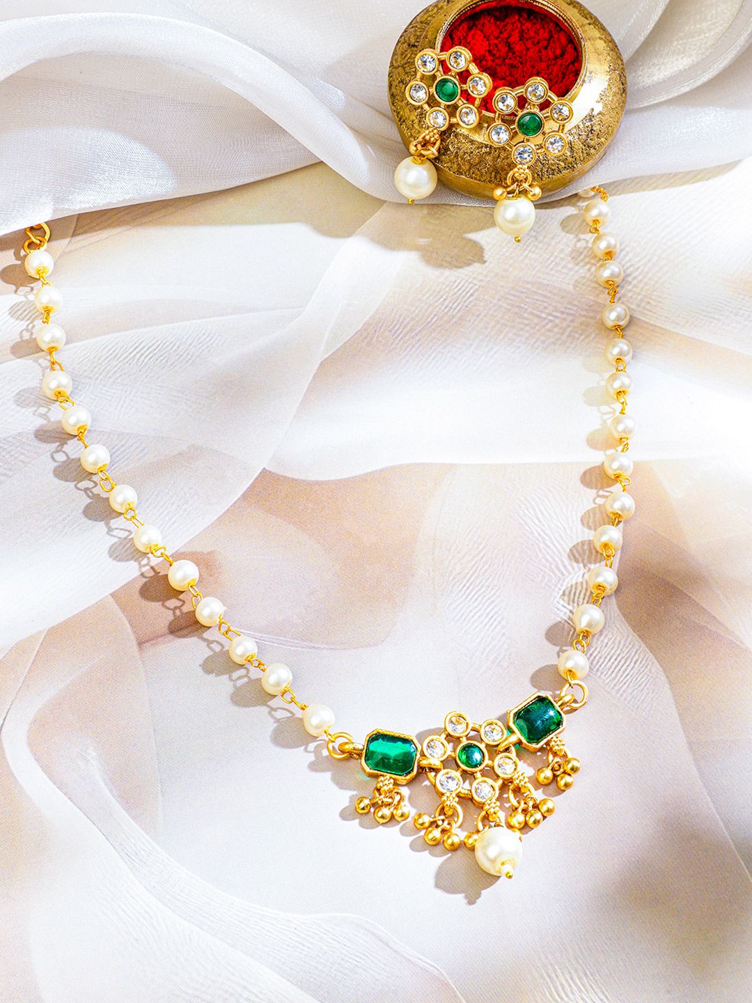 Dhiyona RJ Women's 22K Gold-Plated White Pearl Beaded Necklace Set with Emerald & CZ Studded Pendant