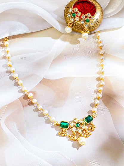 Dhiyona RJ Women's 22K Gold-Plated White Pearl Beaded Necklace Set with Emerald & CZ Studded Pendant