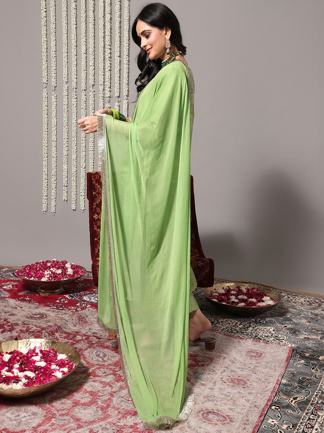 Dhiyona VA Women's Green Ethnic Motifs Gotta Patti Kurta with Trousers & With Dupatta