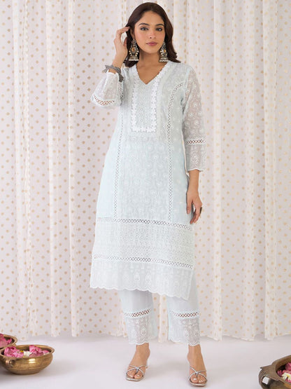 Women Ethnic Motifs Thread Work Pure Cotton Kurta with Trousers & With Dupatta