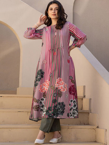 Dhiyona IE Striped A-Line Pure Cotton Kurta With Trousers