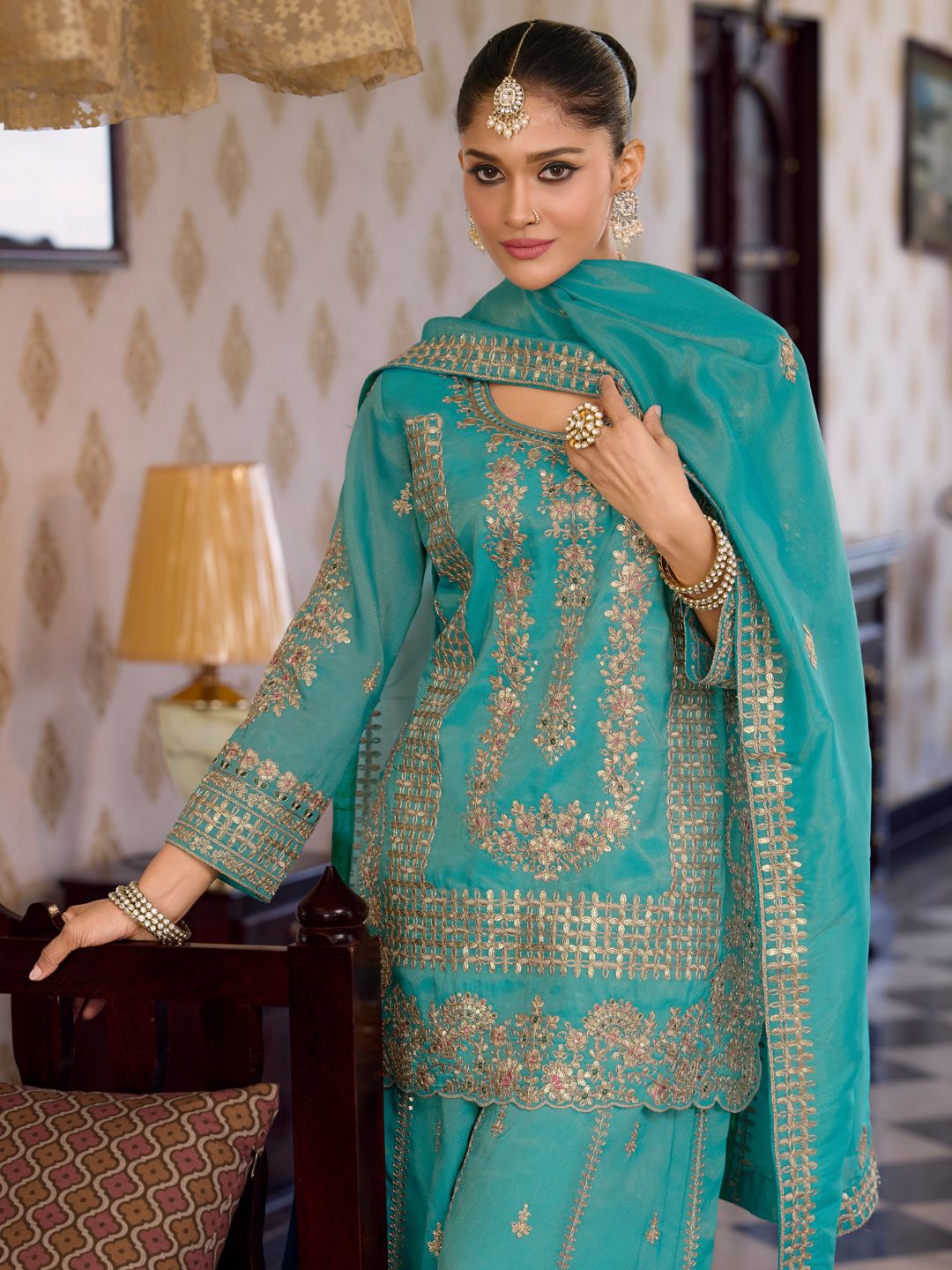Women Ethnic Motifs Embroidered Regular Sequinned Kurta with Palazzos & With Dupatta