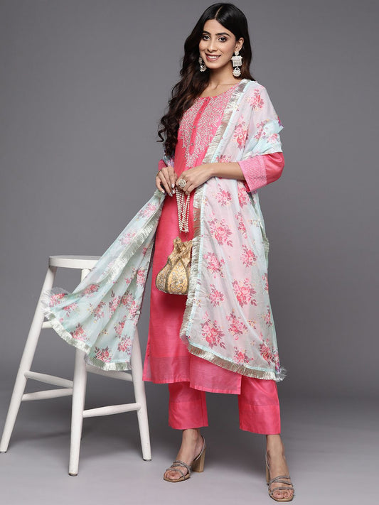 Dhiyona VA Women'sPink & Green Yoke Design Chanderi Silk Kurta with Trousers & With Dupatta