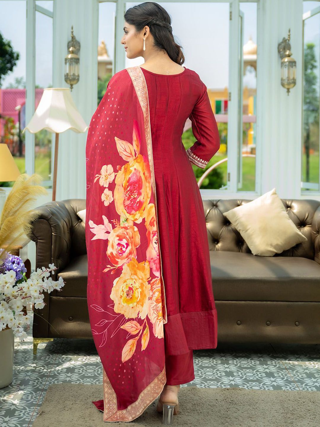 Ethnic Motifs Embroidered Sequinned A Line Kurta With Trousers & Dupatta