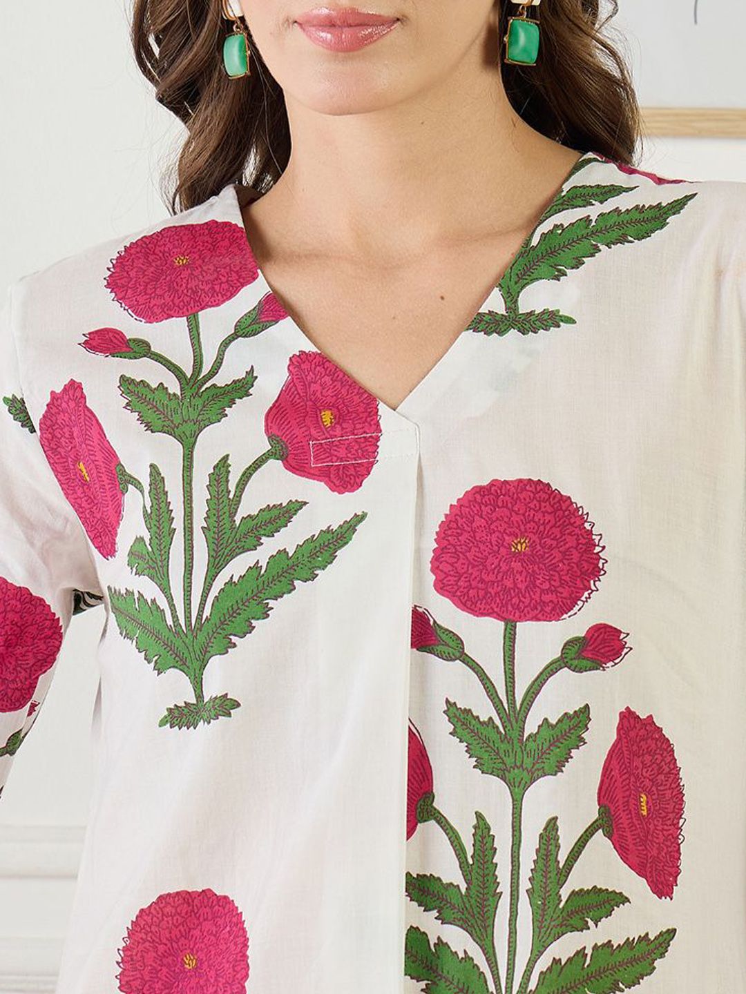 Dhiyona IE Printed Cotton V Neck Top With Trousers Co-Ords