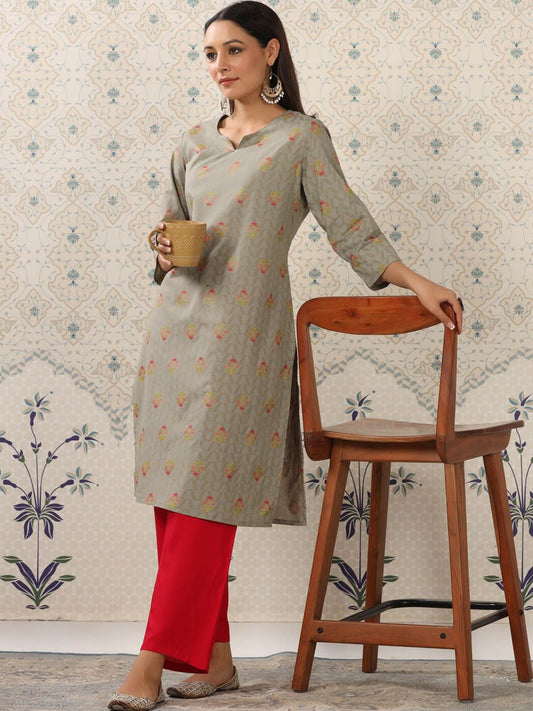 Dhiyona OD  Grey & Red Floral Printed Notched Neck Kurta With Palazzos