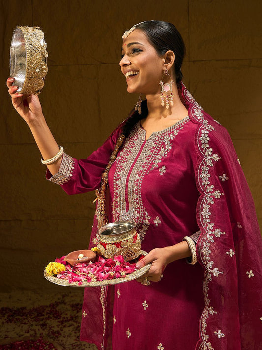 Dhiyona IE Ethnic Motifs Embroidered Gotta Patti Straight Kurta With Trousers & Dupatta
