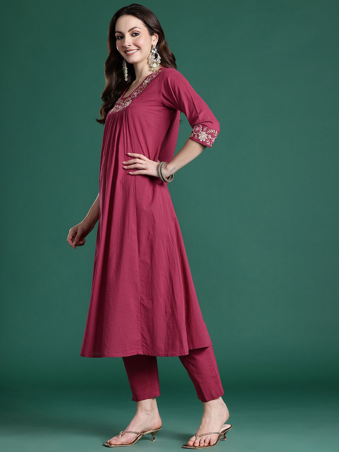 Floral Pleated Sequinned Pure Cotton Kurta with Trousers & With Dupatta