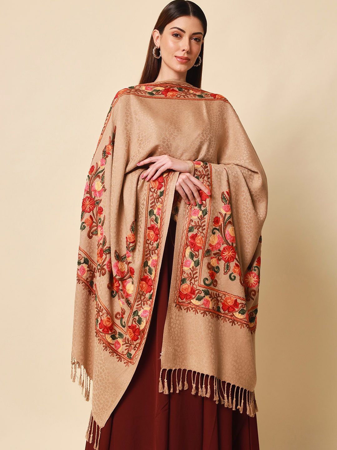 Dhiyona PA Women Beige Aari Embroidered Shawl