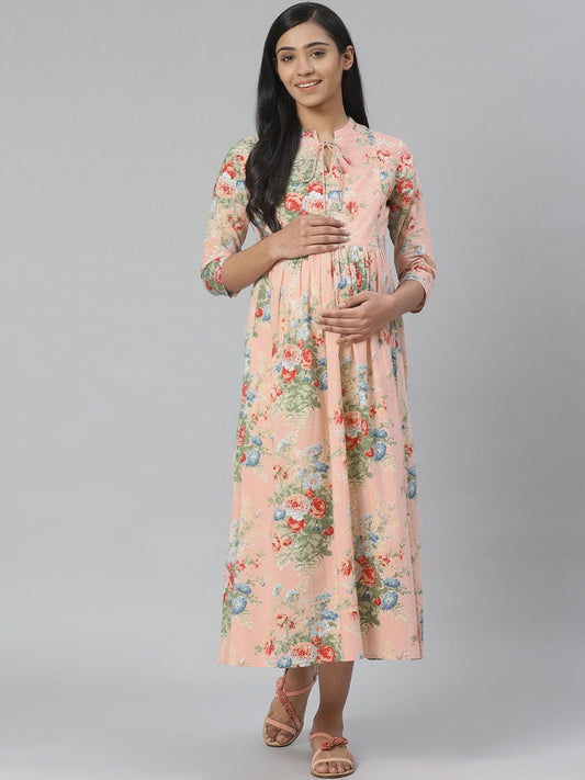 Dhiyona AY Women's Peach-Coloured & Green Floral Printed Pure Cotton Maternity A-Line Dress