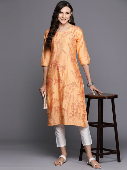 Dhiyona IE Floral Printed Thread Work Detail Straight Kurta