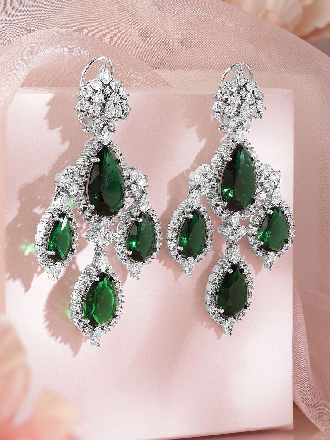 Dhiyona RJ Women's Silver-Plated Emerald Green & Cubic Zirconia Studded Premium Chandelier Earrings