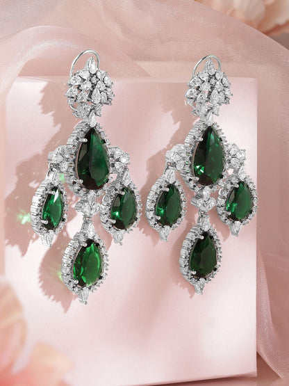 Dhiyona RJ Women's Silver-Plated Emerald Green & Cubic Zirconia Studded Premium Chandelier Earrings
